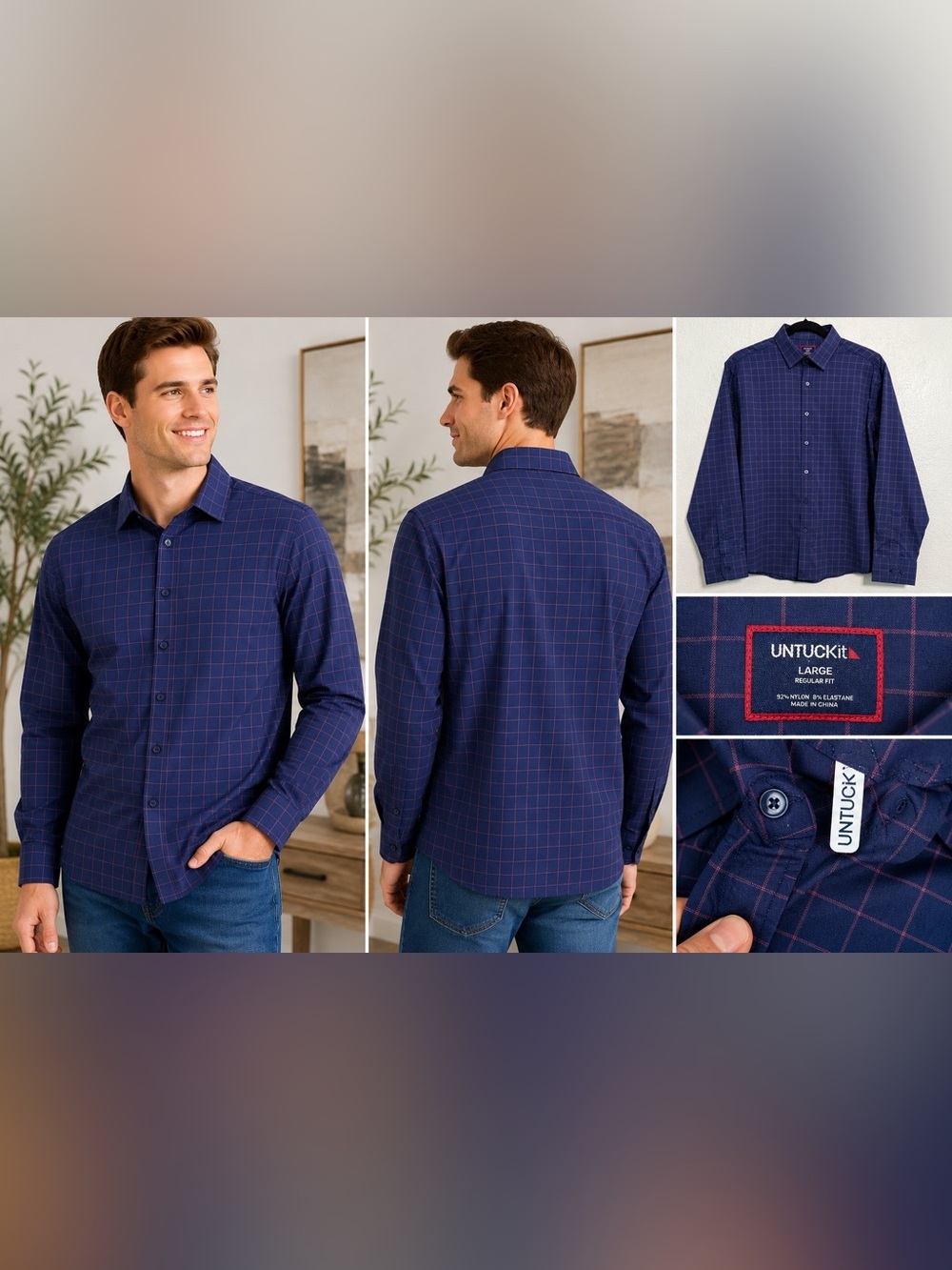 UNTUCKit Large Regular Fit Navy Pink Windowpane Button Down Shirt Stretch